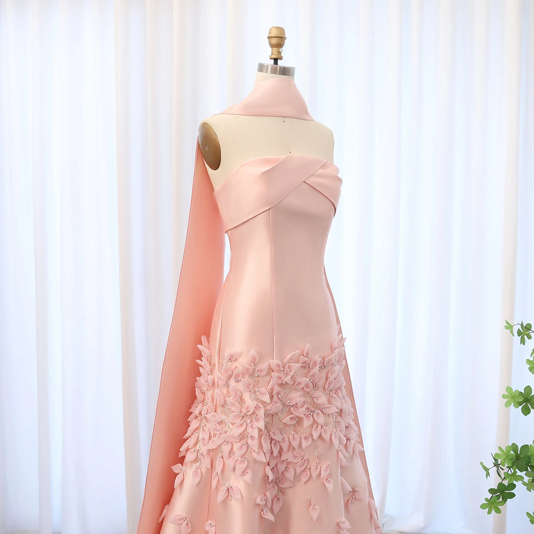 Dreamy Vow Luxury 3D Leaves Blush Pink Satin Mermaid Evening Dress with Cape Dubai Arabic Women Wedding Prom Party Gowns SS463
