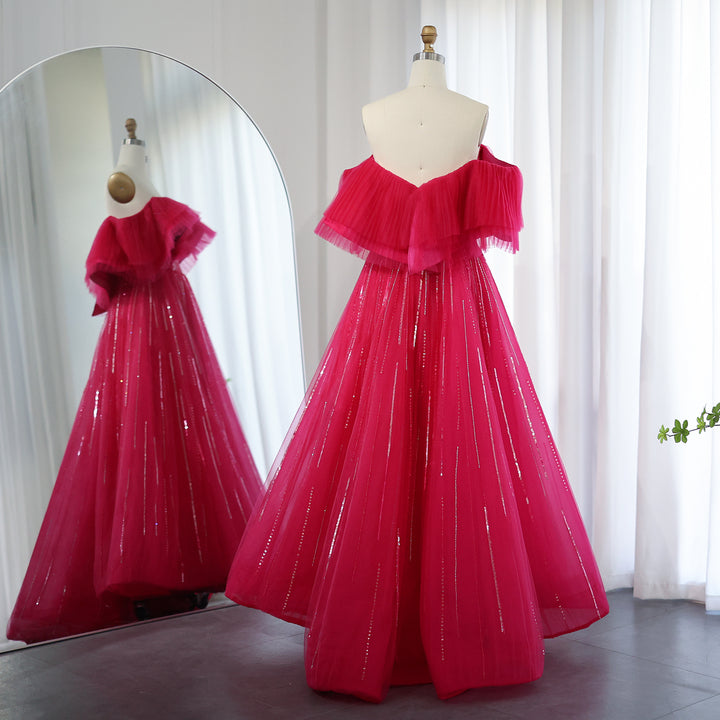 Dreamy Vow Luxury Dubai Ball Gown Fuchsia Evening Dress for Women Wedding 2023 Off Shoulder Arabic Celebrity Party Gown 390