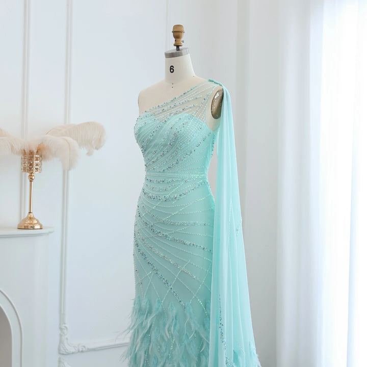 Dreamy Vow Luxury Feather Turquoise Aqua One Shoulder Mermaid Evening Dress with Cape Train Long Prom Wedding Party Gowns SS498