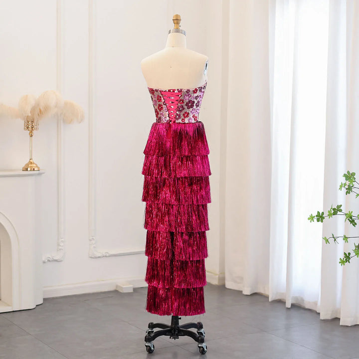 Dreamy Vow Luxury Tassel Fuchsia Arabic Evening Dresses for Women Dubai Off Shoulder Midi Women Wedding Formal Party Gown SS508