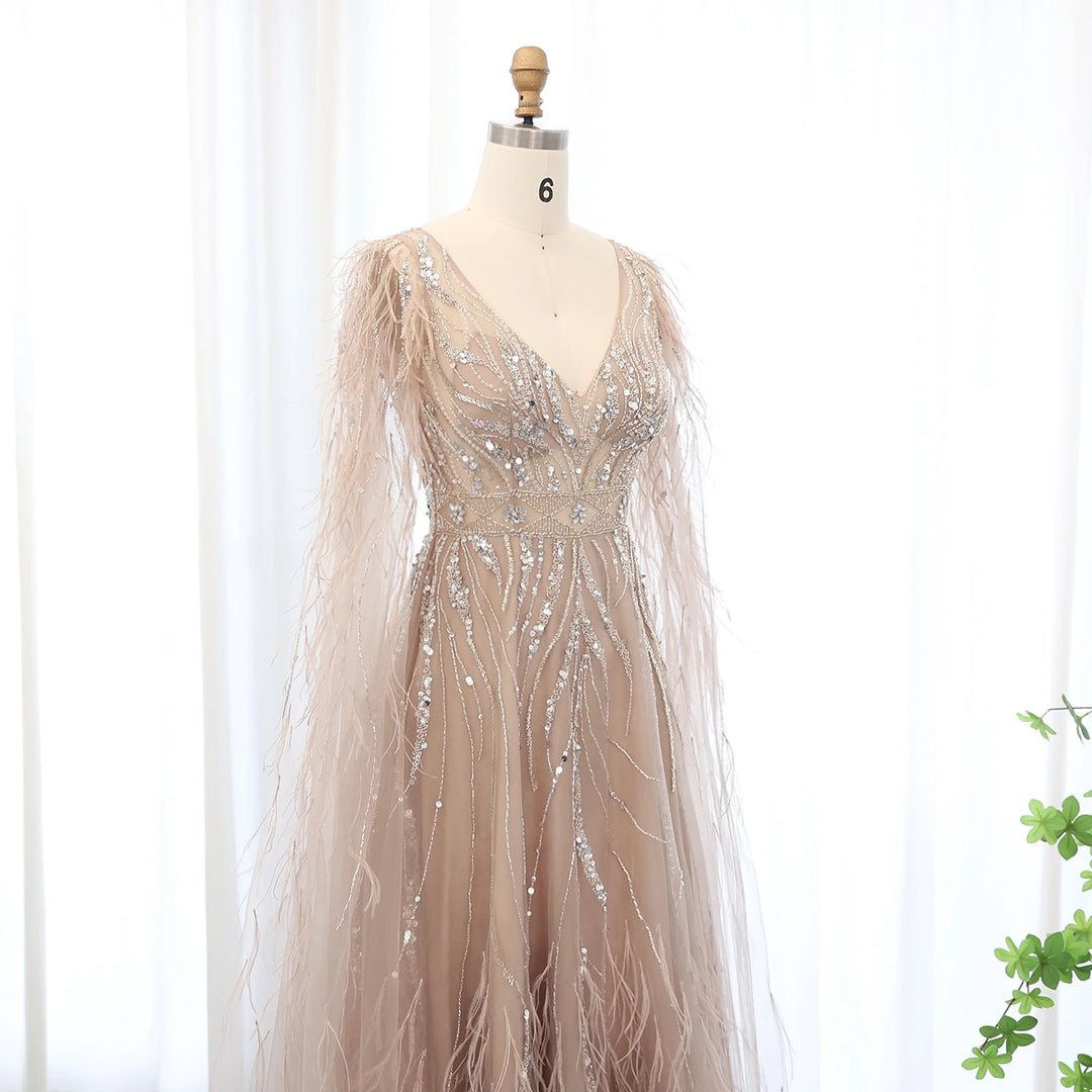 Dreamy Vow Luxury Feathers Nude A-line Evening Dresses with Cape Sleeves V-Neck Lilac Arabic Women Wedding Party Dress SS186