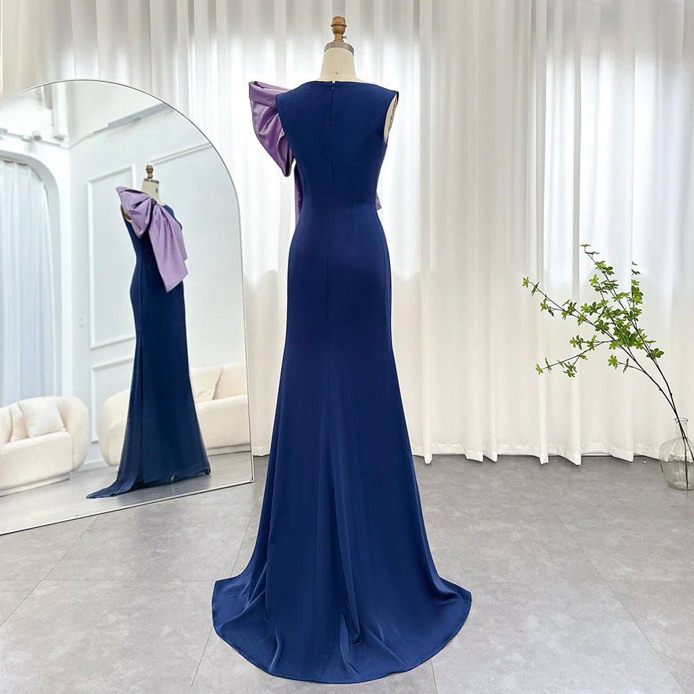 Dreamy Vow Elegant Navy Blue Satin Mermaid Evening Dresses with Lilac Bow Women Wedding Party Formal Gowns F121