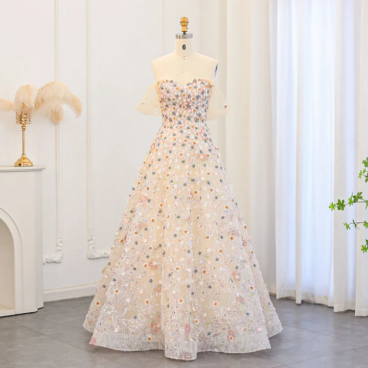 Dreamy Vow Luxury 3D Flowers Champagne Evening Dresses 2024 Elegant Off Shoulder Formal Dress for Women Wedding Party SS505