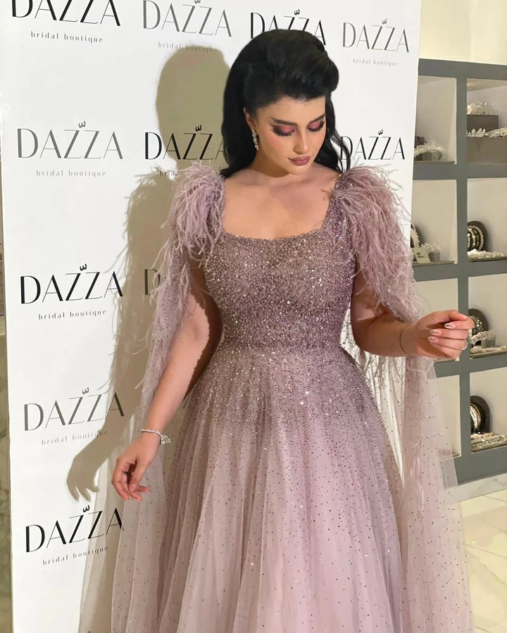 Dreamy Vow Dusty Pink Luxury Feathers Arabic Evening Dresses with Cape Elegant Women Dubai Turkey Wedding Party Gowns SS406