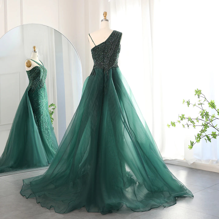فستان سهرة فاخر باللون الأخضر الزمردي مع تنورة أنيقة بكتف واحد للنساء لحفلات الزفاف والحفلات الراقصة الرسمية SS128