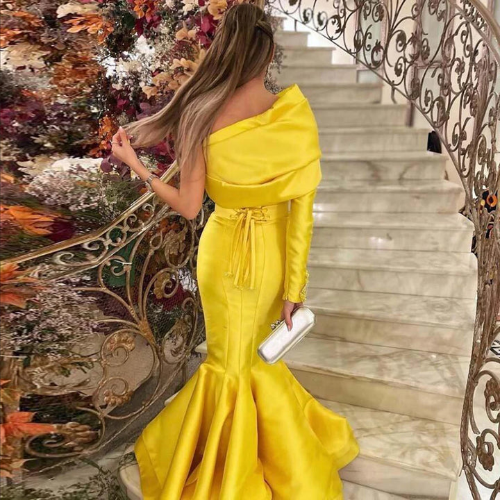 Dreamy Vow Arabic Yellow One Shoulder Mermaid Evening Dress with Cape Baby Blue Beaded Dubai Luxury Wedding Party Dress SF014