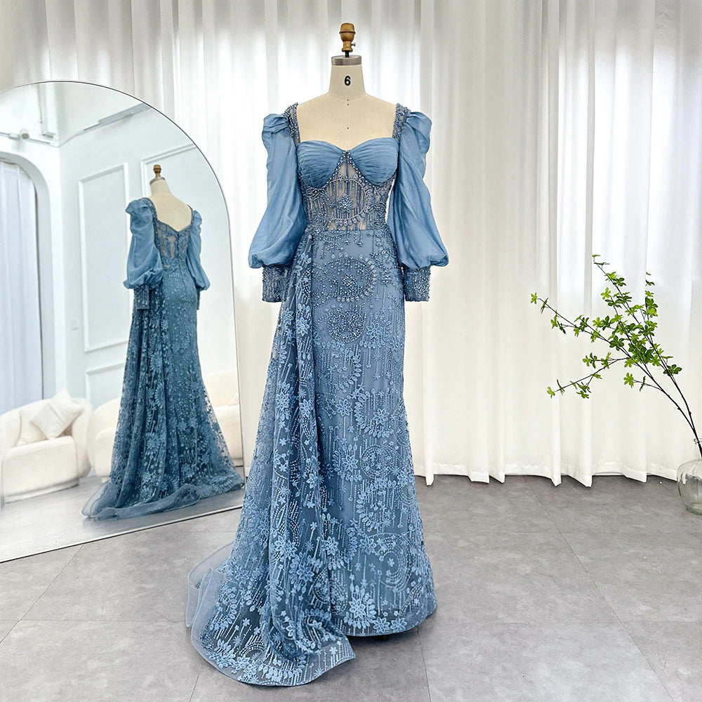 Dreamy Vow Elegant Blue Mermaid Arabic Evening Dresses with Overskirt Long Sleeves For Woman Wedding Party Gown Plus Size 158