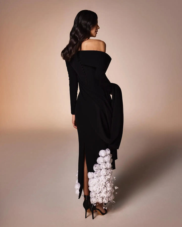 Dreamy Vow Elegant One Shoulder 3D Flowers Feathers Black Evening Dress Long Sleeves Arabic Women Mermaid Formal Party Gowns SS488