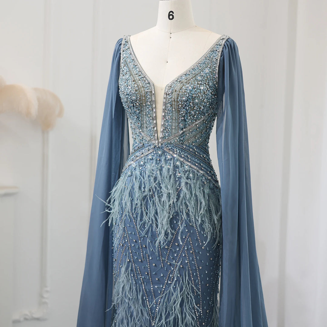 Dreamy Vow Luxury Mermaid Blue Feathers Evening Dress with Cape Sleeve Backless Prom Dresses for Women Wedding Party Gowns SS027