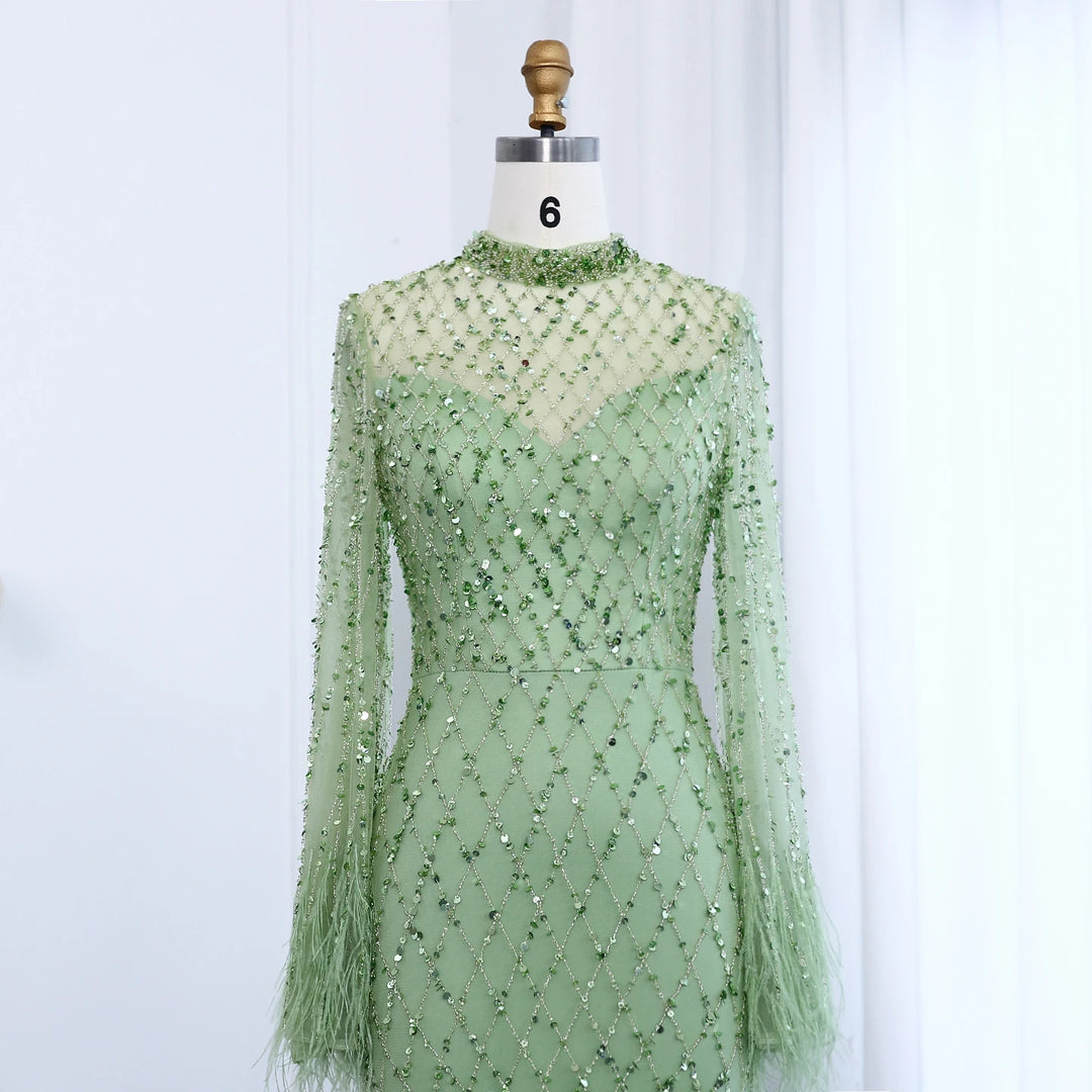 Luxury Beaded Feathers Sage Green Evening Dress Long Sleeves SS144