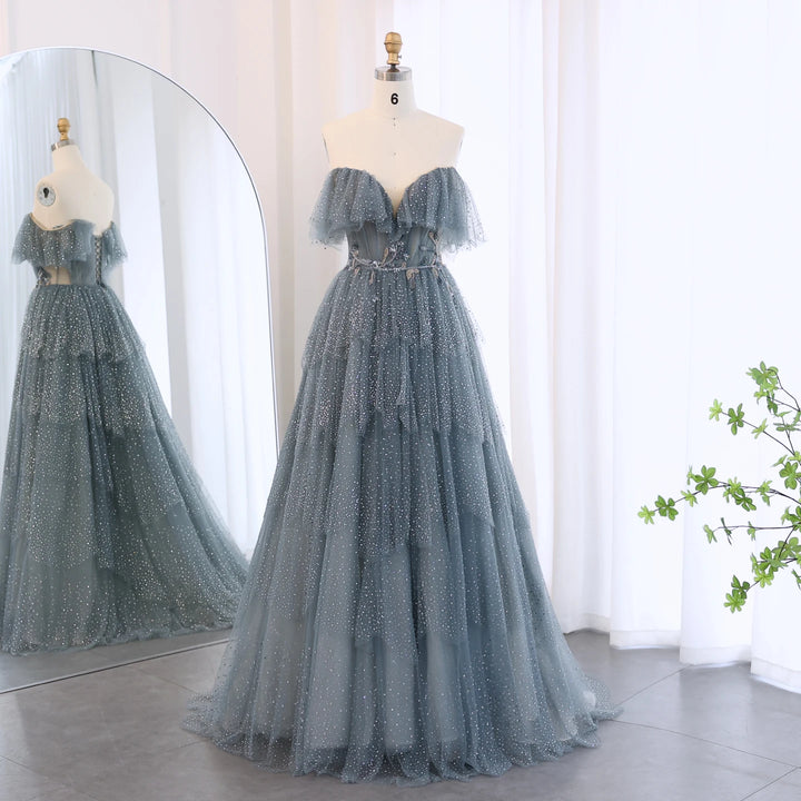 Dreamy Vow Sparkly Crystal Blue Sweetheart Evening Dress for Women Wedding Tiered Ruffles Luxury Dubai Bridal Party Gowns SS017