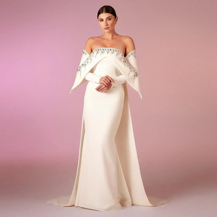 Dreamy Vow Elegant Off White Mermaid Dubai Evening Dress with Cape Long Sleeves Off Shoulder Arabic Wedding Party Gowns SF008