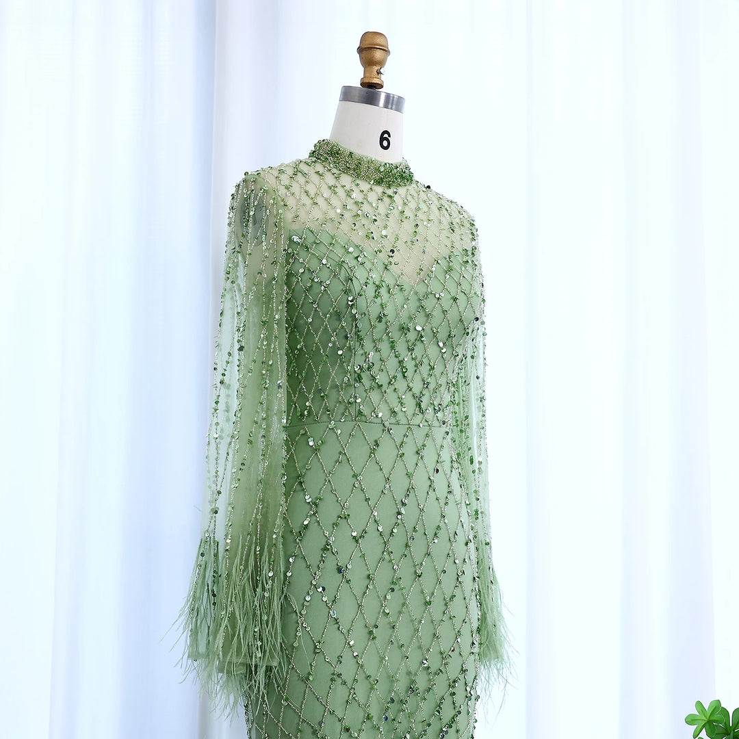 Luxury Beaded Feathers Sage Green Evening Dress Long Sleeves SS144