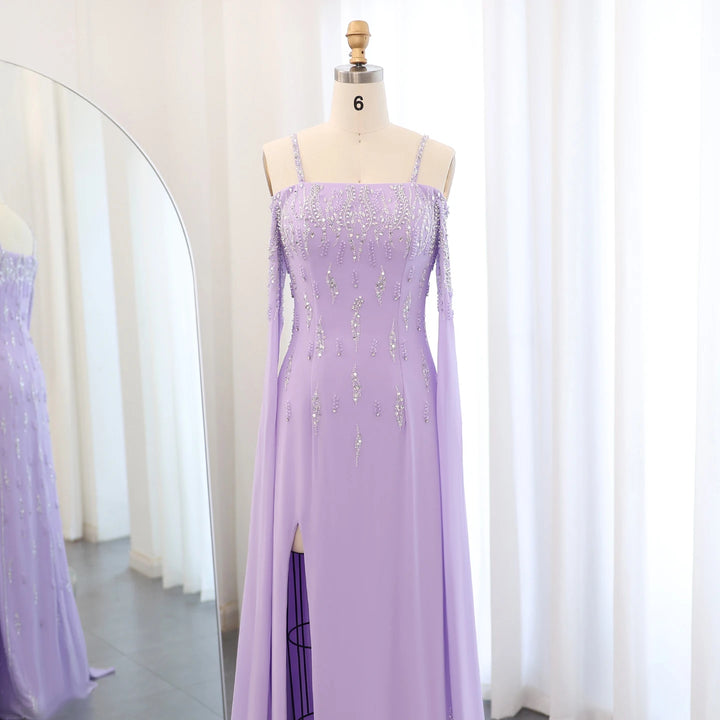 Dreamy Vow Arabic Lilac Mermaid Evening Dress with Cape Sleeves 2024 Luxury Dubai Beaded Women Wedding Formal Party Gowns SS448