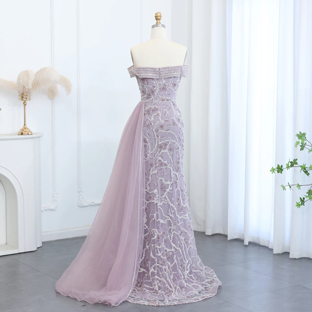 Dreamy Vow Elegant Off Shoulder Mermaid Lilac Evening Dress with Overskirt 2024 Plus Size Women Blue Wedding Party Gown SS055