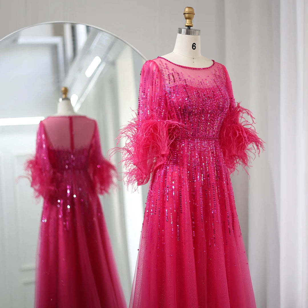 Dreamy Vow Luxury Feathers Black Dubai Evening Dresses for Women Elegant Fuchsia Arabic Half Sleeve Wedding Party Dress SS339