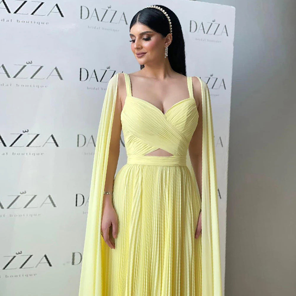 DreamyVow Fuchsia Chiffon Dubai Evening Dresses with Cape Sleeves Elegant Yellow Women Wedding Party Formal Gowns F 090