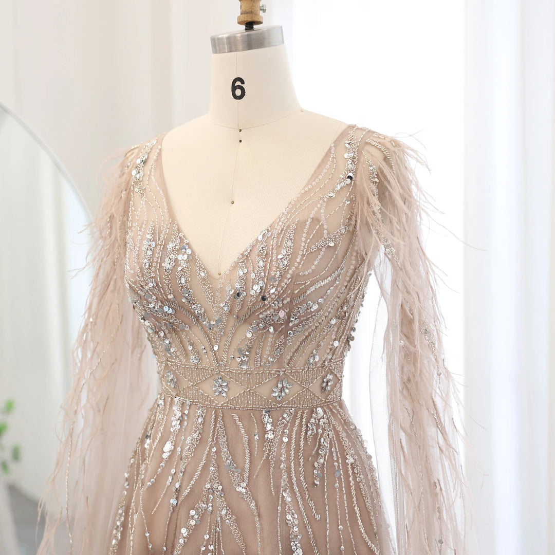 Dreamy Vow Luxury Feathers Nude A-line Evening Dresses with Cape Sleeves V-Neck Lilac Arabic Women Wedding Party Dress SS186