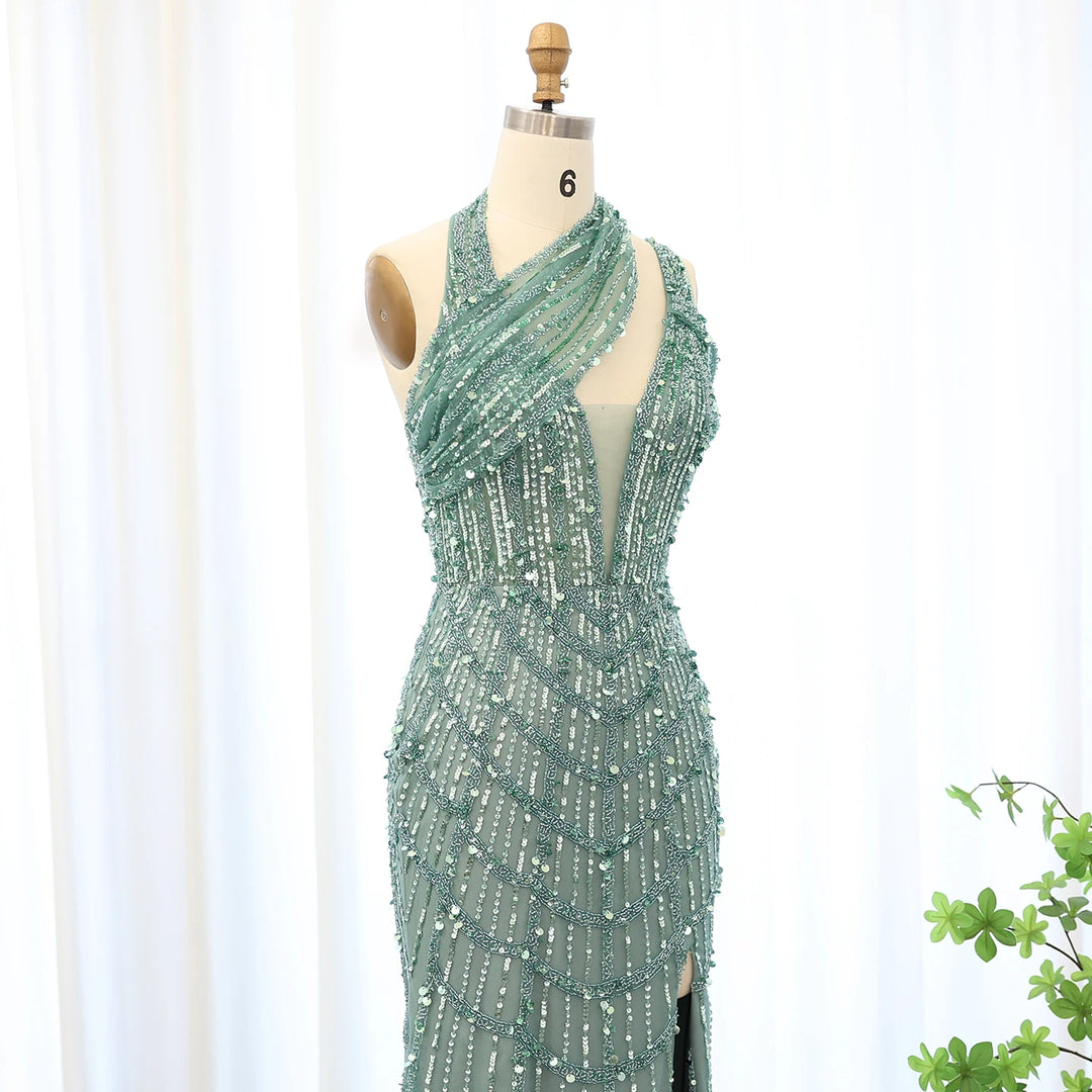 Luxury Beaded Lilac Green Mermaid Halter Evening Dress SS180