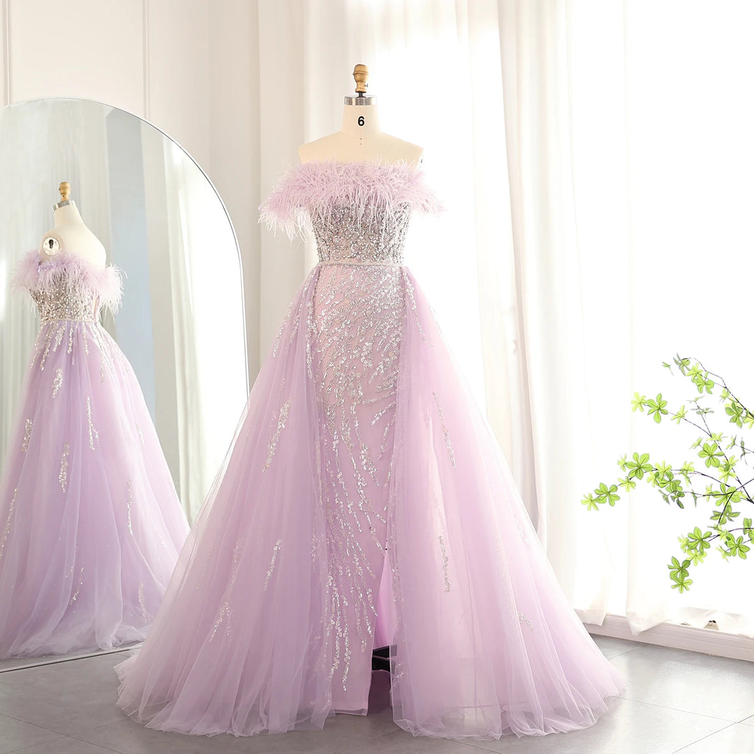 Dreamy Vow Luxury Dubai Feathers Lilac Evening Dress with Overskirt Side Slit Arabic Blue Green Women Wedding Party Gowns SS252