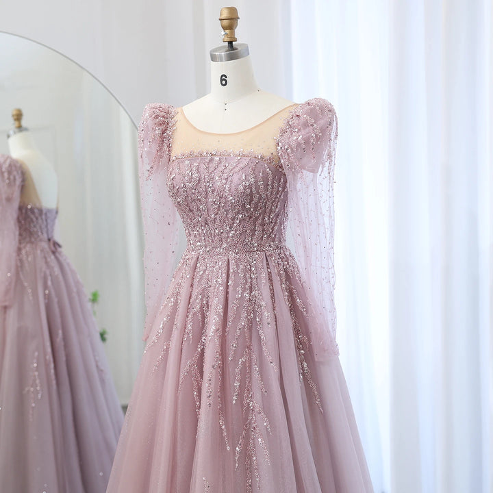 Dreamy Vow Dusty Pink Long Sleeves Dubai Luxury Evening Dresses for Women Wedding Party Arabic Muslim Formal Prom Gowns SS453