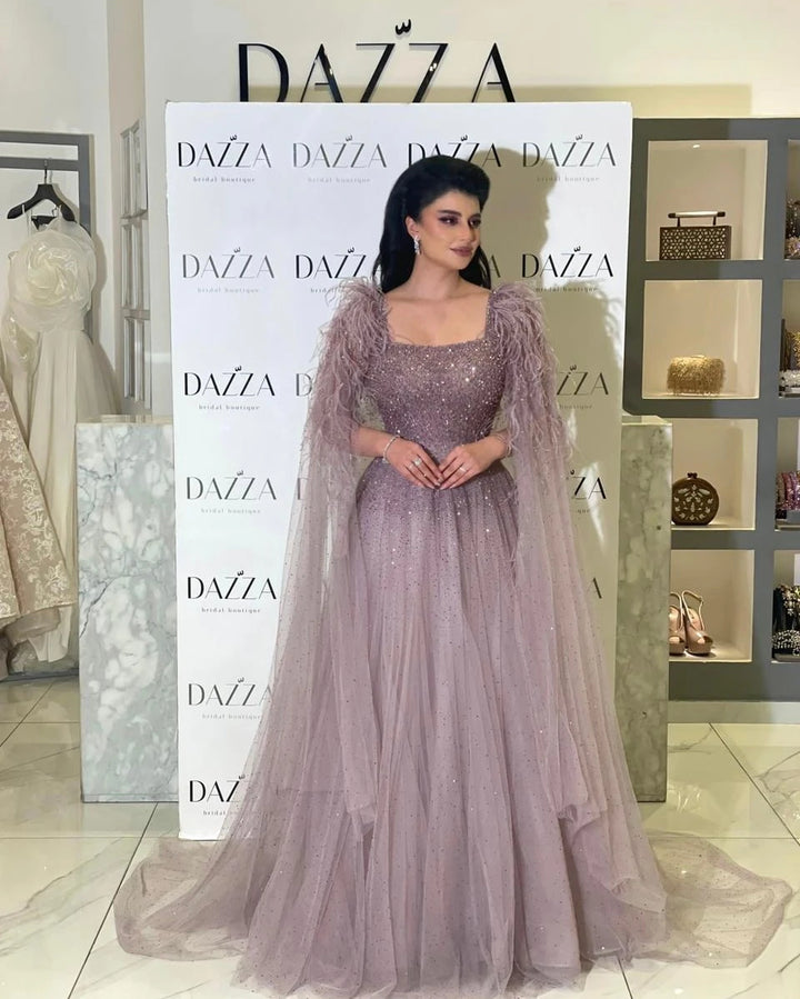 Dreamy Vow Dusty Pink Luxury Feathers Arabic Evening Dresses with Cape Elegant Women Dubai Turkey Wedding Party Gowns SS406