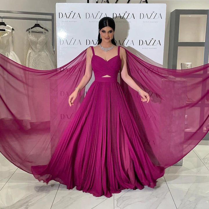 DreamyVow Fuchsia Chiffon Dubai Evening Dresses with Cape Sleeves Elegant Yellow Women Wedding Party Formal Gowns F 090