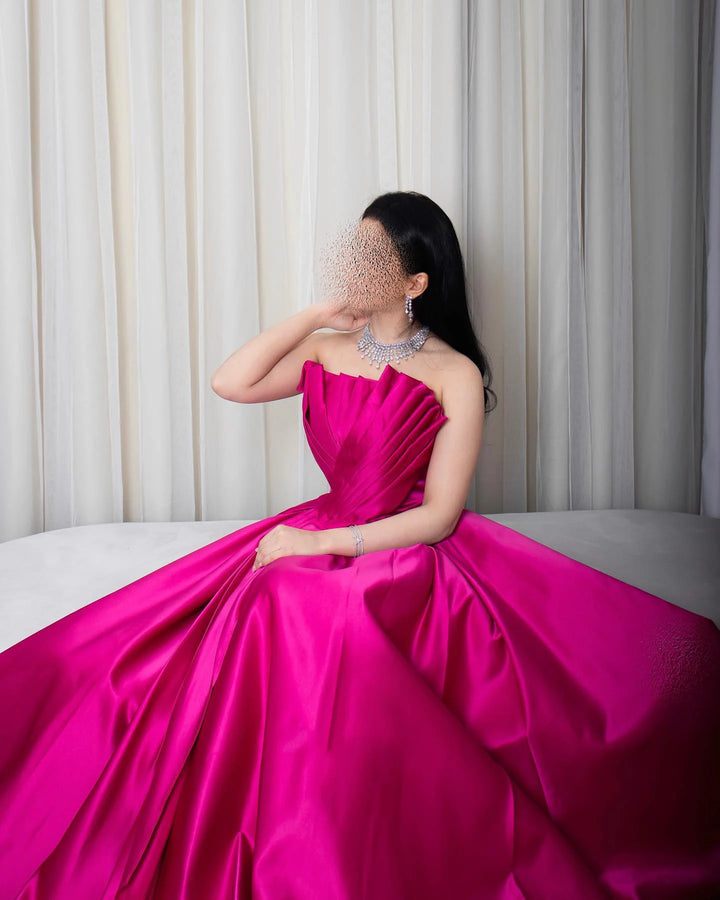 Dreamy Vow Saudi Arabia Fuchsia Satin Dubai Evening Dress for Women Wedding 2024 Elegant Scalloped Long Formal Party Gown SF011