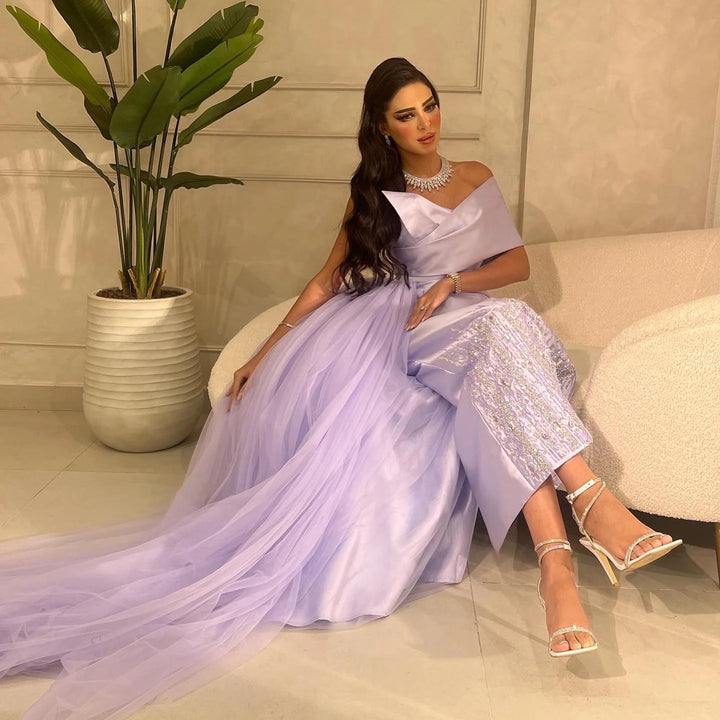 Dreamy Vow Luxury Dubai One Lilac Shoulder Evening Dress with Overskirt 2024 Arabic Women Sage Green Wedding Party Gowns SS405