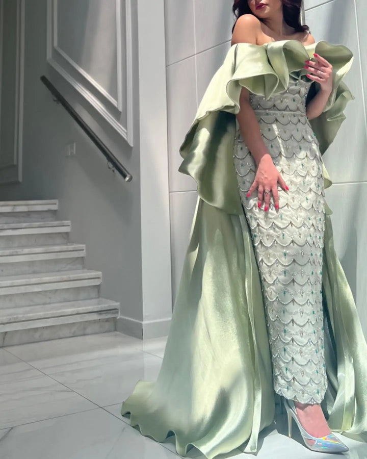 Dreamy Vow Saudi Arabia Sage Green Luxury Dubai Evening Dresses with Cape Lilac Beaded Women Wedding Party Dress SS383