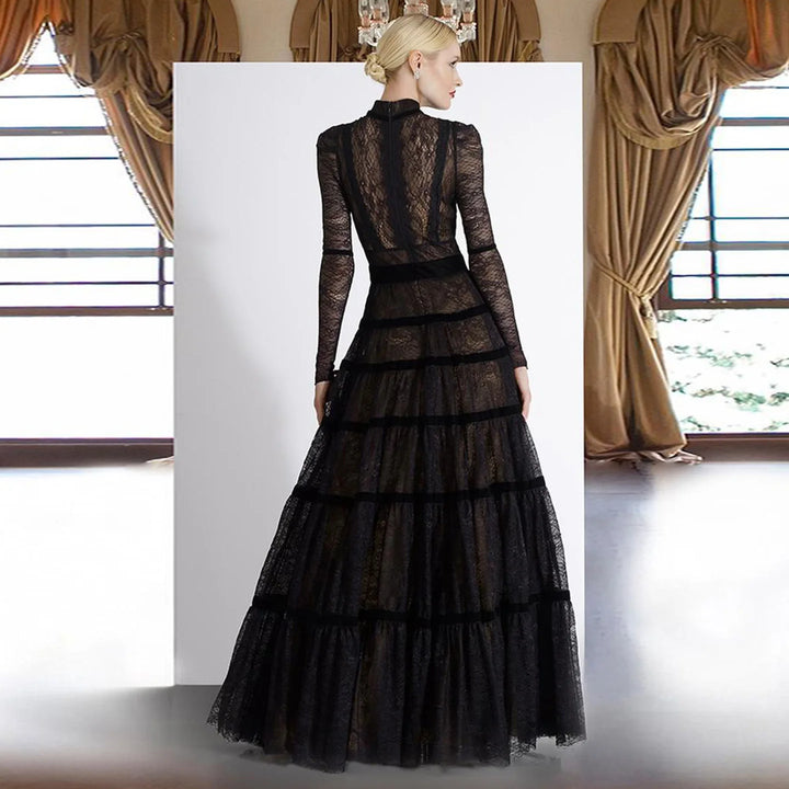 Dreamy Vow Elegant Black Lace A-line Evening Dress 2024 Dubai Luxury Tiered Long Sleeves Muslim Women Formal Party Gowns SF023