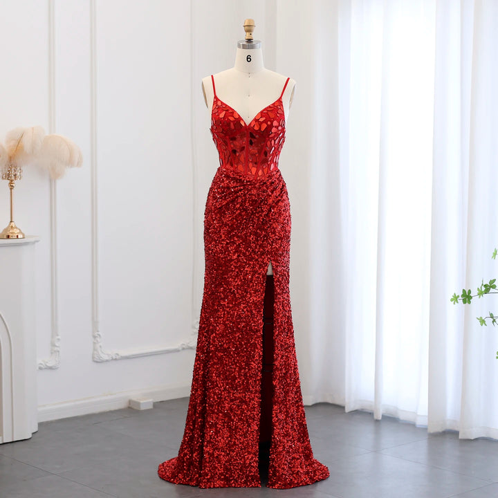 Dreamy Vow Sexy Spaghetti Straps Wine Red Sequin Mermaid Prom Evening Dresses 2024 Elegant Black Silver Long Party Gowns SS166