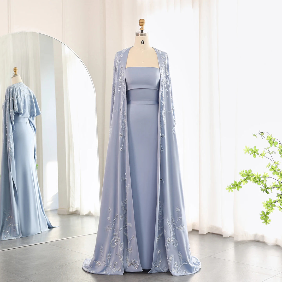 Dreamy Vow Arabic Blue Mermaid Evening Dress with Cape Sleeves 2024 Luxury Beaded Dubai Women Wedding Guest Party Gowns SS407