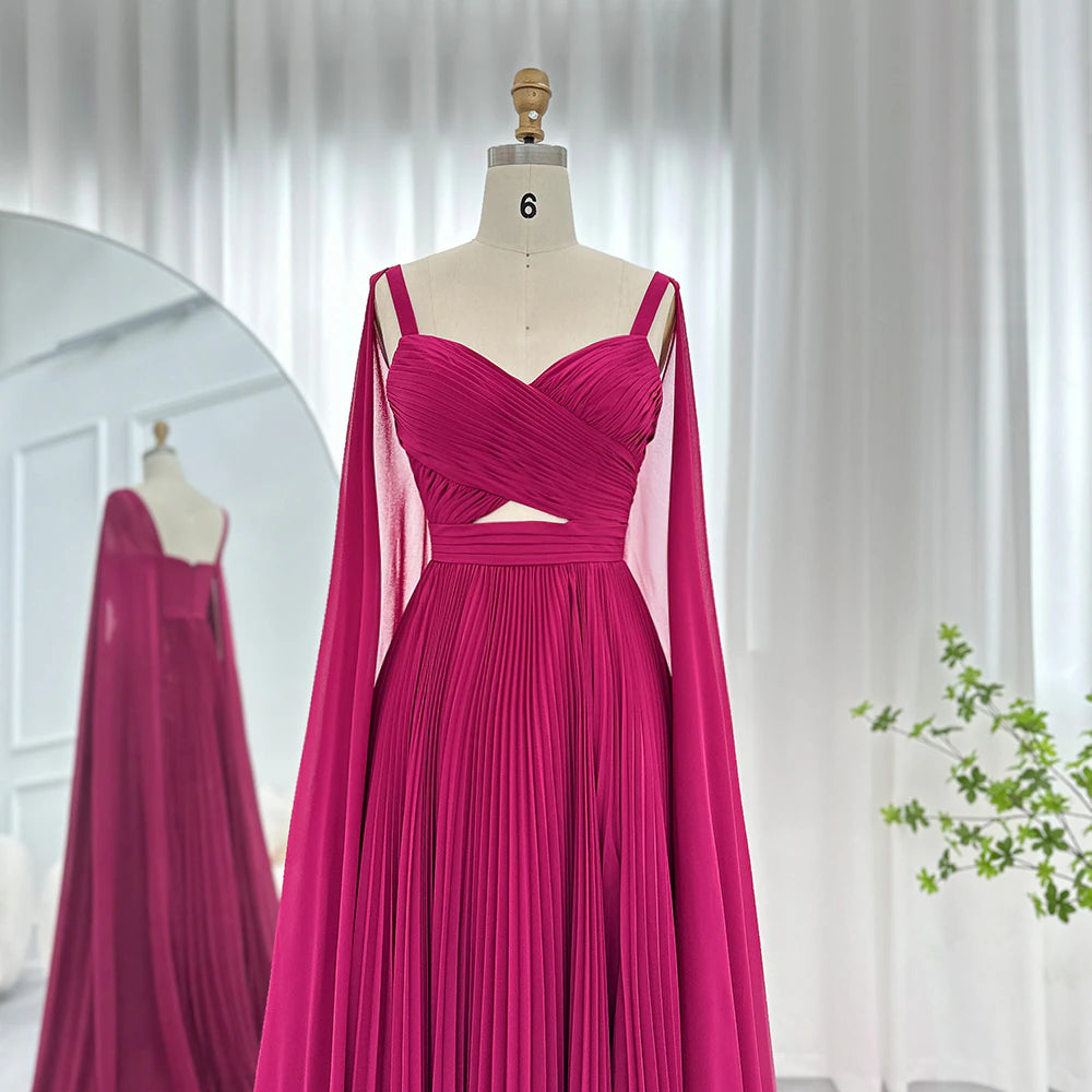 DreamyVow Fuchsia Chiffon Dubai Evening Dresses with Cape Sleeves Elegant Yellow Women Wedding Party Formal Gowns F 090