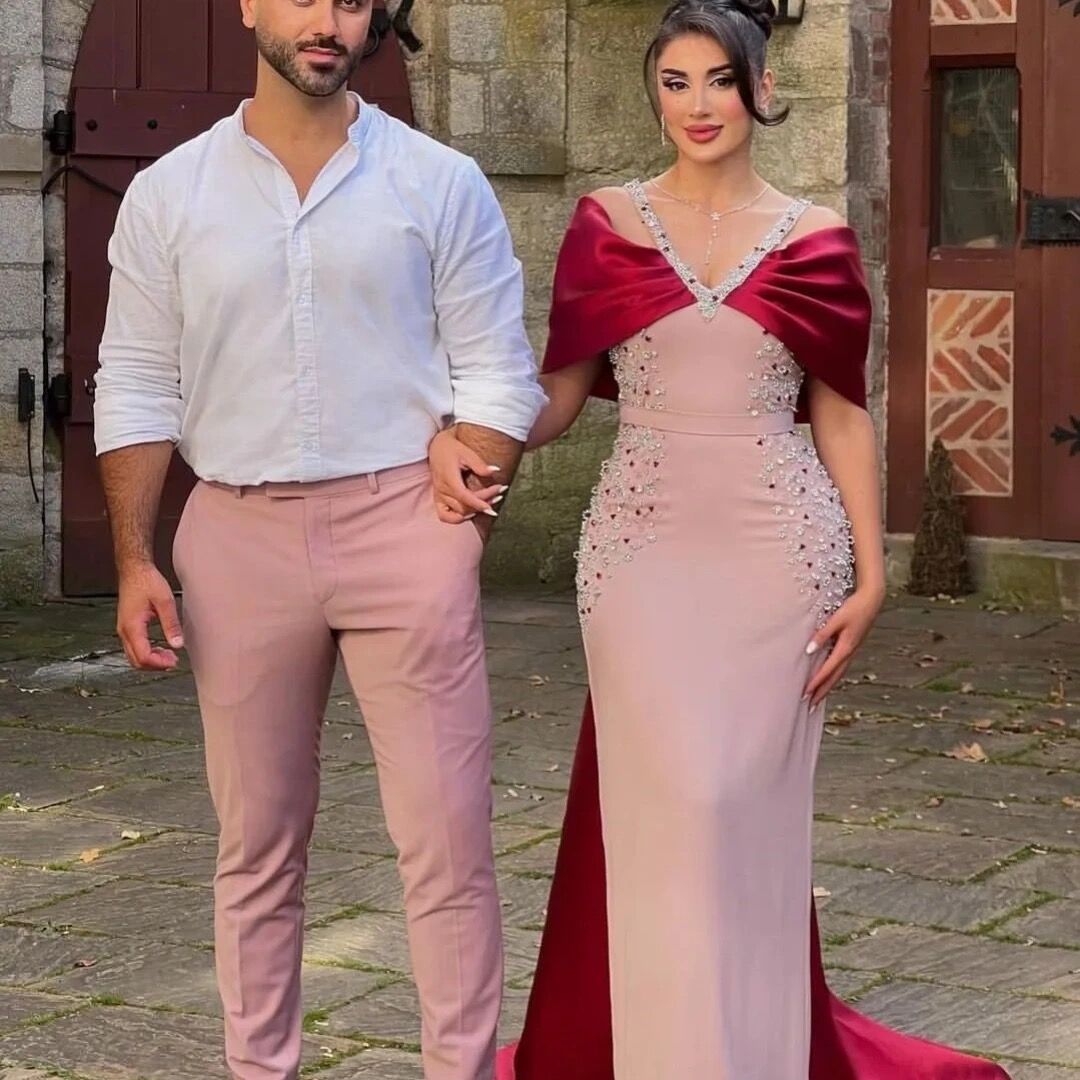 Dreamy Vow Luxury Arabic Pink Burgundy Mermaid Evening Dress with Cape Dubai Engagement Dress for Women Wedding Party 446