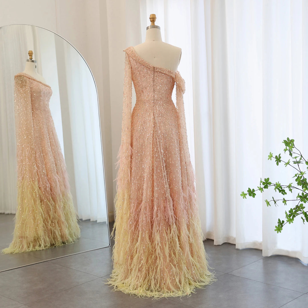 Dreamy Vow Luxury Dubai Feather One Shoulder Evening Dresses with Cape Sleeves Rose Gold Lilac Women Wedding Party Gowns SS438