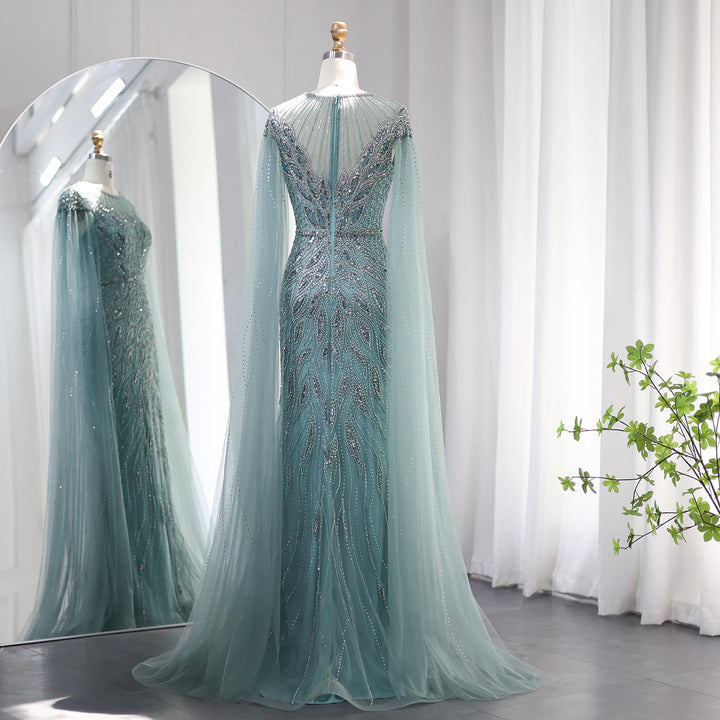 Dreamy Vow Luxury Arabic Blue Mermaid Evening Dress with Cape Sleeves Sage Green Gold Dubai Women Wedding Party Gowns 009