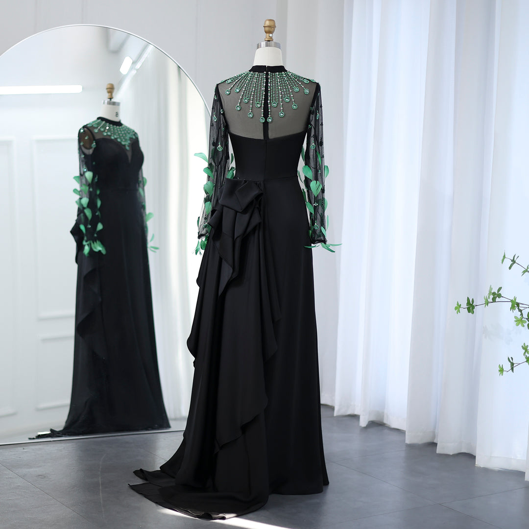 Dreamy Vow Luxury Dubai Emerald Green Feathers Black Evening Dress Long Sleeves Saudi Arabia Women Formal Party Gowns SS457
