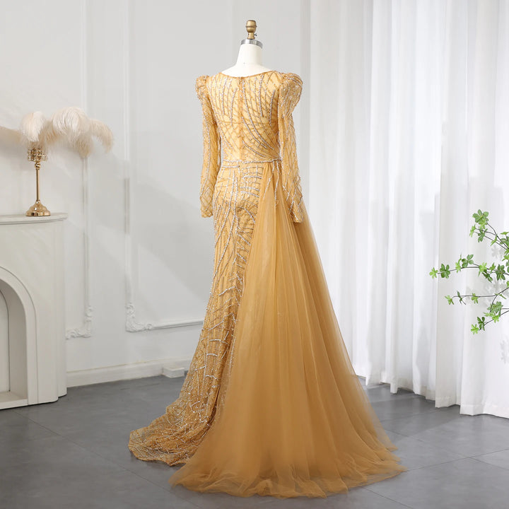 Dreamy Vow Luxury Muslim Gold Mermaid Beaded Dubai Evening Dresses with Overskirt 2024 Plus Size Women Wedding Party Gown SS048
