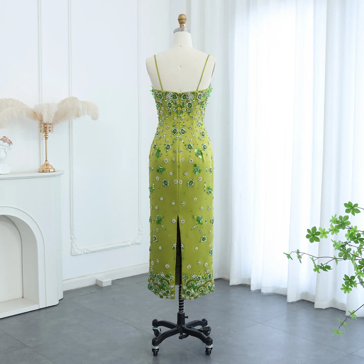 Dreamy Vow Luxury 3D Floral Beaded Short Green Evening Dress Spaghetti Straps Sheath Midi Women Wedding Party Gowns SS233