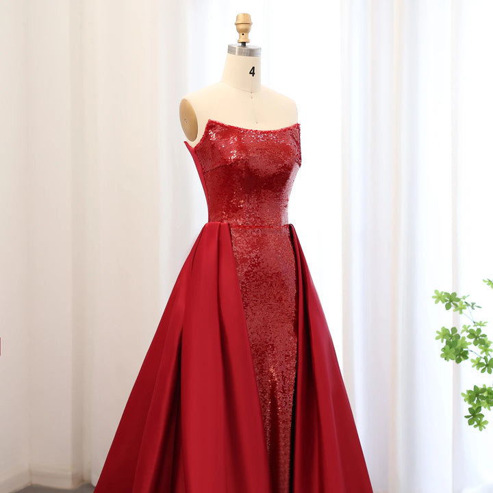 Dreamy Vow Sparkly Sequin Wine Red Mermaid Evening Dresses with Overskirt 2024 Elegant Women Wedding Gala Party Gowns SS513