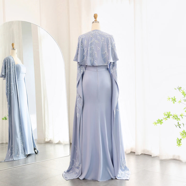 Dreamy Vow Arabic Blue Mermaid Evening Dress with Cape Sleeves 2024 Luxury Beaded Dubai Women Wedding Guest Party Gowns SS407