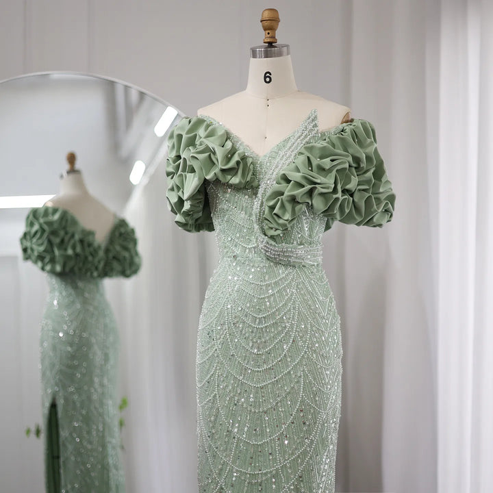 Dreamy Vow Elegant Off Shoulder Mermaid Sage Green Evening Dresses Luxury Dubai Women Arabic Champagne Wedding Party Gown SS288