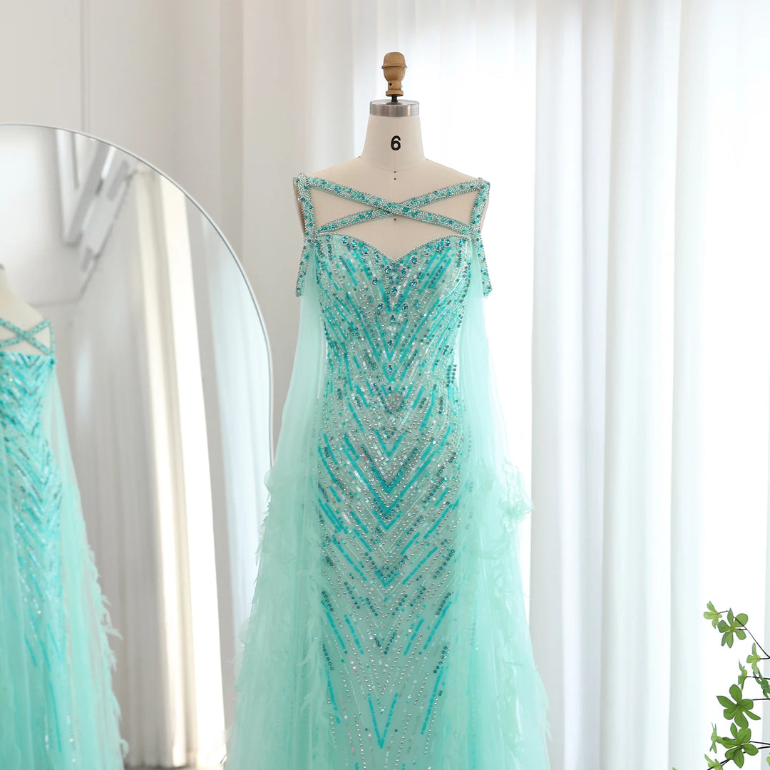 Dreamy Vow Arabic Fuchsia Mermaid Dubai Evening Dresses with Cape Sleeves Luxury xTurquoise Women Wedding Party Dress SS468