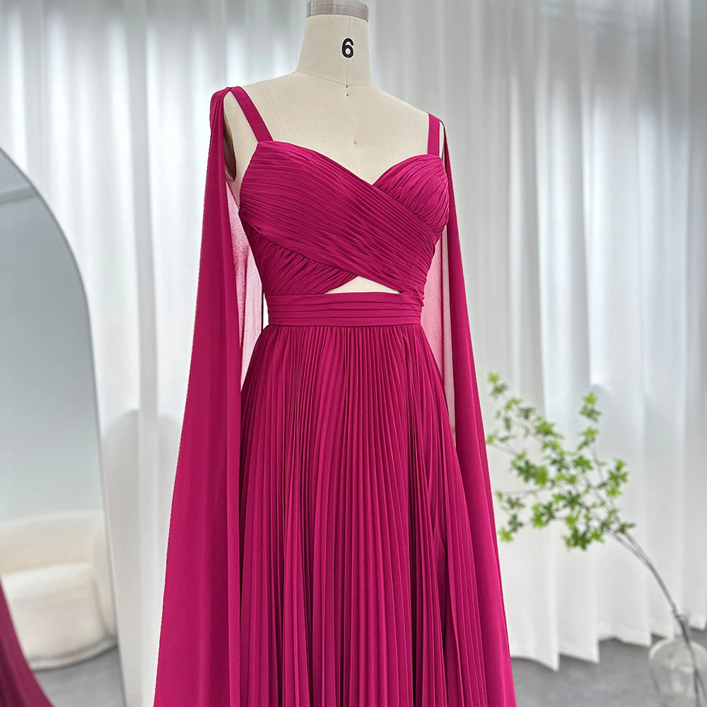 DreamyVow Fuchsia Chiffon Dubai Evening Dresses with Cape Sleeves Elegant Yellow Women Wedding Party Formal Gowns F 090