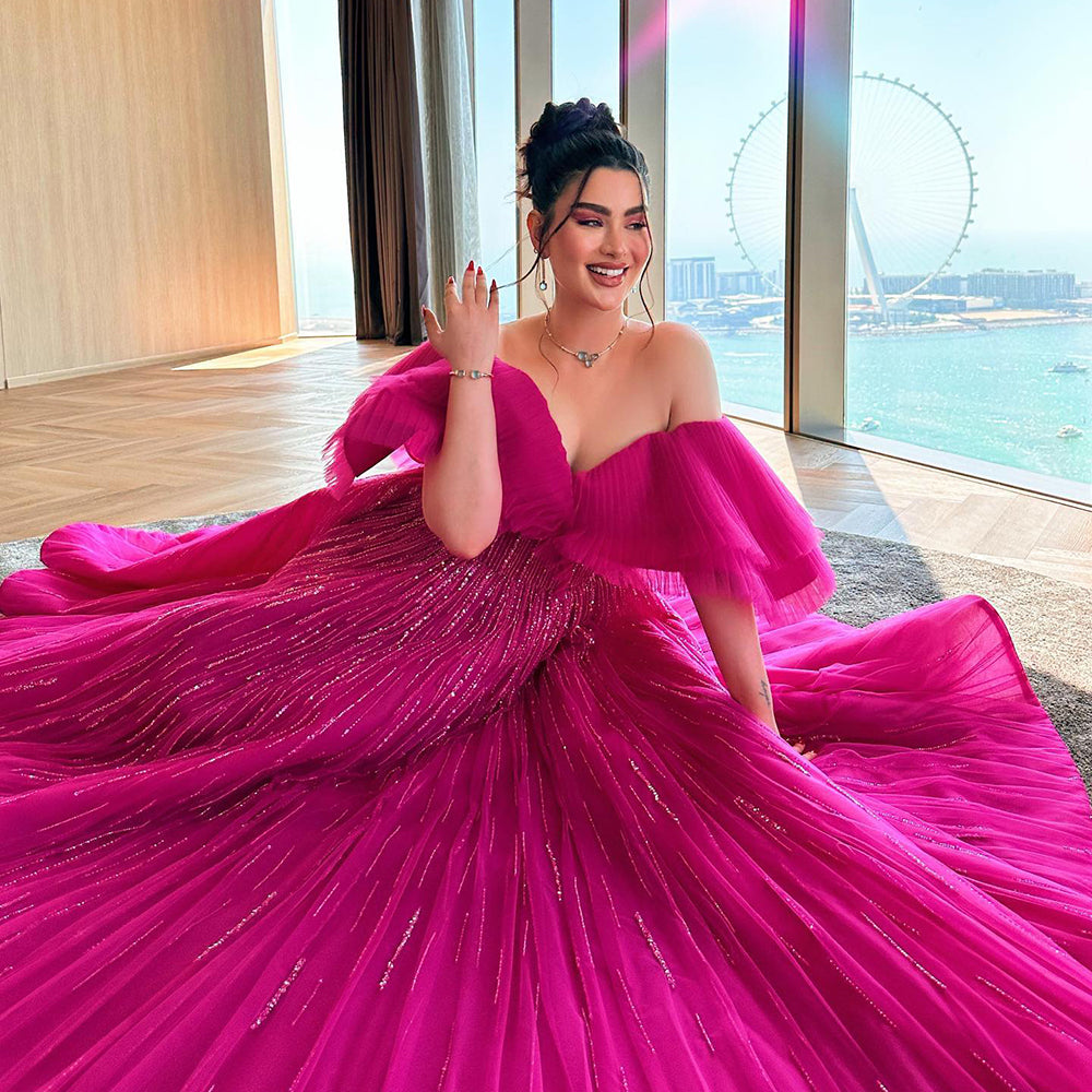 Dreamy Vow Luxury Dubai Ball Gown Fuchsia Evening Dress for Women Wedding 2023 Off Shoulder Arabic Celebrity Party Gown 390