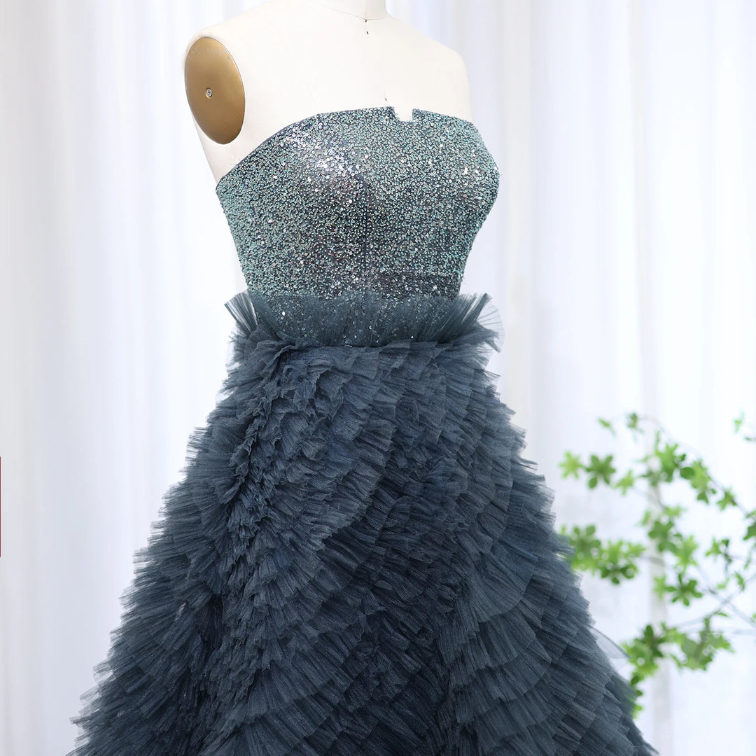 Dreamy Vow Luxury Beaded Blue Ball Gown Evening Dress 2024 Elegant Strapless Ruffles Sweet Girls Birthday Party Dresses SS503