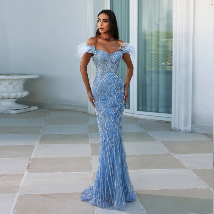 Dreamy Vow Blue Mermaid Luxury Feathers Evening Dresses for Women Wedding Party Champagne Beaded Long Prom Formal Gowns SS179