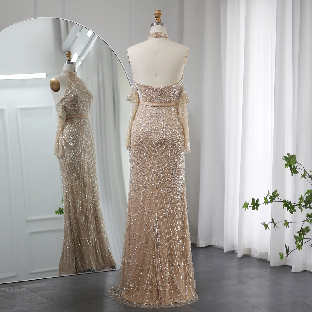 Dreamy Vow Luxury Dubai Nude Mermaid Evening Dresses with Gloves 2024 Sexy Halter Arabic Women Wedding Formal Party Gowns SS289