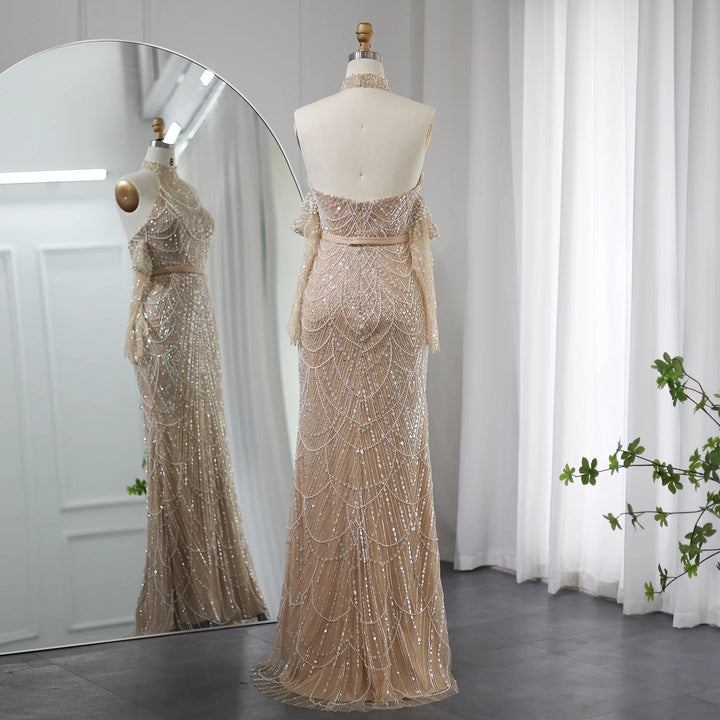 Dreamy Vow Luxury Dubai Nude Mermaid Evening Dresses with Gloves 2024 Sexy Halter Arabic Women Wedding Formal Party Gowns SS289